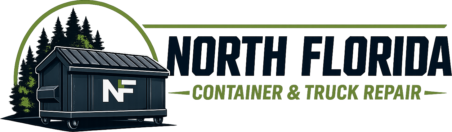 Banner for North Florida Container & Truck Repair showing a dark dumpster with NF logo, pine trees, and neon-green lettering.